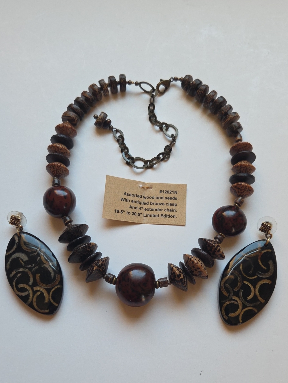 Assorted Wood And Seeds Necklace With Antiqued Bronze Clasp, Earrings Set